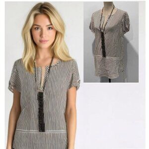 Bcbg White/Black Striped Silk Short Sleeve Blouse tunic